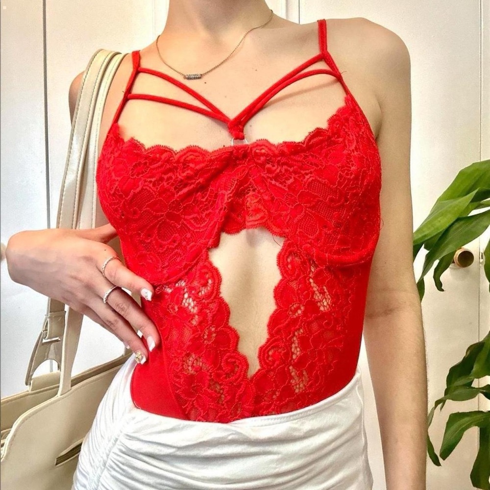 Red Lace Strappy Bodysuit